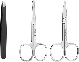 Grooming small Scissors,3.5in Rounded Nose Hair Scissors and Curved Small Scissors,Hair Removal Tweezers set，Facial Hair Grooming Scissors，Eyebrow, Nose Hair, Beard, Ear Trimming Kit；3 Pack …