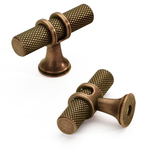 FURNIWARE 10 Stück Möbelknöpfe Antik Messing, T-förmiger Schrankknöpfe 50mm, Türknöpfe Gerändelte, Kommodenknöpfe Vintage, Schubladenknöpfe für Schränke, Kommoden, Kleiderschrank, Türen
