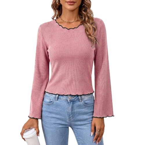 Image of Generisch Women's Knitted Jumper Long Sleeve with Ribbed Structure and Wave Edge Loose Pullover Bow on the Back Long Sleeve Jumper, pink, M