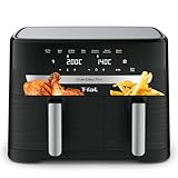 T-fal Dual Easy Fry XL Air Fryer 7-in-1, with 2 Baskets, 8.7 Qt total, Dual Air fryer, Air Fry, Extra Crisp, Roast, Bake, Reheat, Dehydrate, Sync Mode, Dishwasher Safe Baskets, Black & Metal
