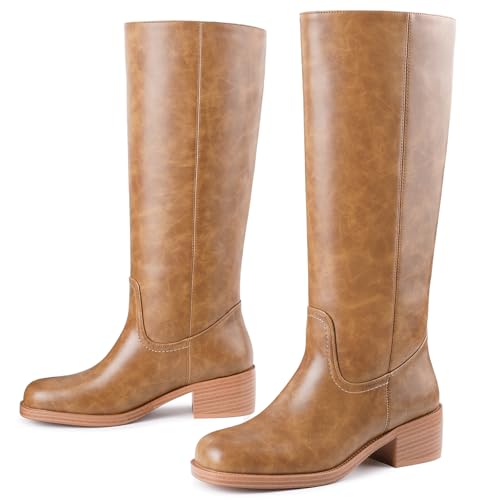 Image of Gothictor Women's Banana Knee High Boots Square Toe Chunky Block Heel Comfortable Low Heel Pull on Wide Calf Riding Long Boots for Women