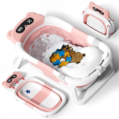 Image of AVIDOR Baby Bathtub,Collapsible Bathtub for Newborn to Toddler,Durable Essential Infant Bath Tub,Portable Travel Baby Tub with Soft Cushion,No-Slip Hanging and Detachable(Pink)