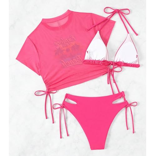 Image of Sexybody Women's 3 Piece Swimsuit Halter String Bikini Tie Side Mesh Short Sleeve Bathing Suits
