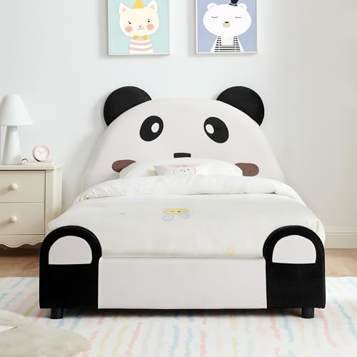 KEIKI Twin Size Upholstered Platform Bed Frame with Cute Panda-Shaped