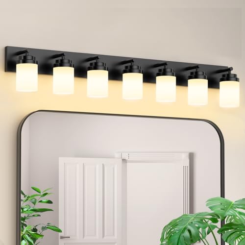 Image of IZORRO Bathroom Vanity Light Fixture, 7-Light 52 inch Matte Black Bathroom Light Fixtures Over Mirror, with White Glass Shade, Modern Farmhouse Vanity Lights, Rustic Restroom Lighting Fixtures