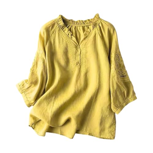 Camisa de manga tres cuartos bordada con cuello en V para mujer, color liso, algodón y lino, camisa con botones, amarillo, M