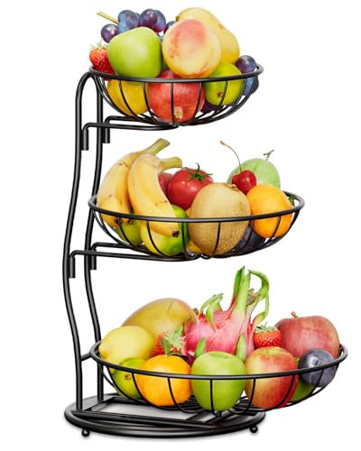 KreuRaxy 3 Tier Fruit Basket Bowl Holder for Kitchen Counter, Large Capacity Fruit Organizer Stand for Countertop, Space Saving Metal Wire Fruit Racks, Modern Design Tiered Fruit Storage, Black