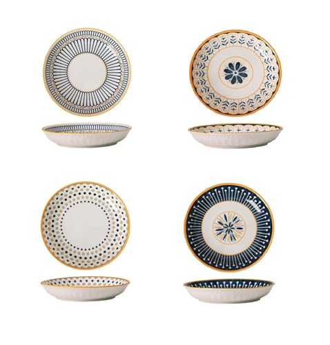 Coolcapis Nordic 8"(20cm) Ceramic Deep Plates Set of 4 – Hand-Painted Underglaze Dinner Plates, Microwave & Dishwasher Safe, Porcelain Pasta Salad Plates, Modern Blue & Yellow Designs