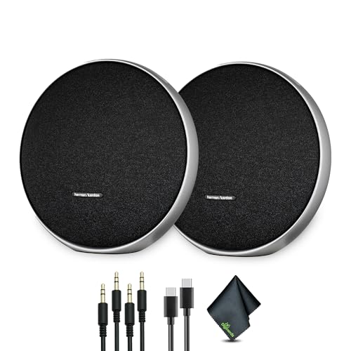 Harman Kardon Onyx Studio 9 Portable Stereo Bluetooth Speaker (HKOS9BLKJN) (Pair) Bundle Including: 2X Aux Cable, Power Supply, Type-C Cable, Fiber Cloth