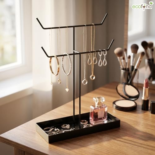 Image of ecofynd 2-Tier Metal Jewelry Organizer Stand with 2 Hangers, 16-Inch Holder for Earrings, Necklaces, Bracelets & Rings, Space-Saving Display for Vanity, Dressing Table & Home (Black, JS010)