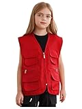 Fldy Unisex Kinder Outdoor Weste Mit Mehreren Taschen Multifunktionsweste Für Camping Trekking Fotoshooting Freiwilligen Aktivitäten Rot 134-140