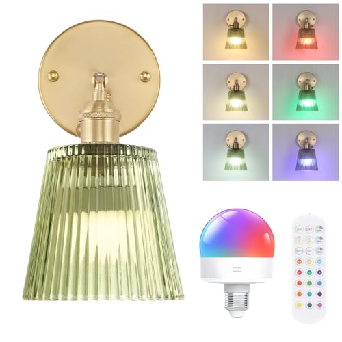 Image of Shenmoyl Vintage Battery Operated Wall Sconce with Green Stripe Glass Lampshade Rechargeable Battery Powered Wall Light with Remote Control for Bedside Bedroom Doorway