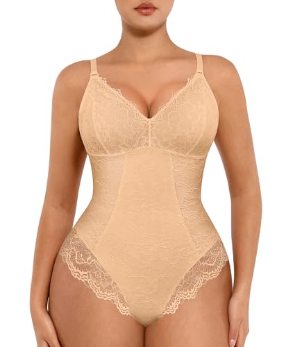 Image of FeelinGirl Shapewear Bodysuits for Women Lace Shapewear Tummy Control V-Neck Sleeveless Bodysuit Tops Jumpsuit