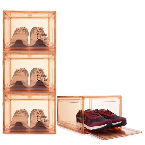 Image of House of Quirk Shoe Organizer, Shoe Storage Boxes, Large Shoe Boxes with Magnetic Door, Clear Stackable Plastic Shoe Containers (Pack of 4, Beige)