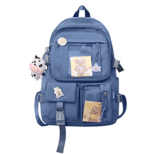 PORRASSO Cute Backpack Ladies Daypack Nylon Bookbag with Ornaments Women Rucksack for Casual Hiking Camping Blue
