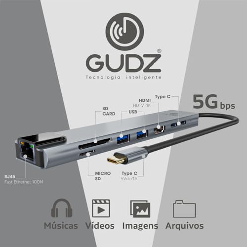 GUDZ Hub Adaptador USB Dockstation 8 em 1 HDMI 4K, RJ45, Leitor de Cartão SD, Micro SD, TF, USB 2.0,