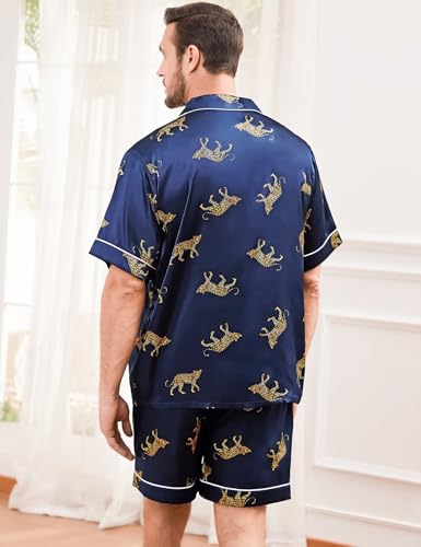SWOMOG Men Silk Pajama Set Short Sleeve Satin PJs Sets 2 Piece Button Down Sleepwear Soft Summer Loungewear with Pockets4