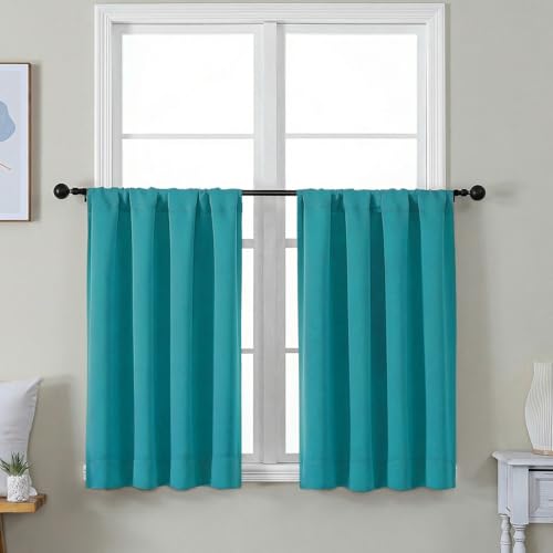 Image of Simplebrand Ava Teal Short 36 Inches Blackout Curtain 2 Panels Set, Half Window Rod Pocket Privacy Curtain Tiers for Kitchen, Curtains Blackout for Bathroom Shades, W40 x L36 Inch, Teal