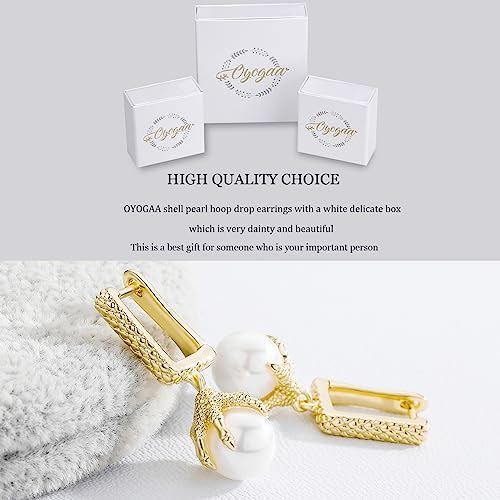 Oyogaa Pearl Dangle Hoop Dainty Earrings 14K Gold Plated 925 Sterling Silver Shell Pearl Dragon Claw Design Texture Carving Handmade Fashion Drop Hoop Earrings For Women Men-Gold #TOP5