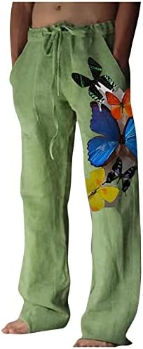 Linen Boyfriend Expandable Waist Leggings Male Comfort Hike Slacks Straight Leg Split Below The Knee Patterned Spring Easy Slacks Men