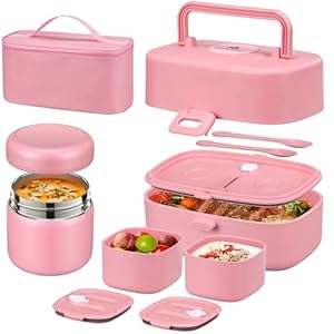 Bento Lunch Box with 8oz Soup Thermo, Kids Sustainable Bento Box Leakproof Lunch Food Containers with Lunch Bag, Kids Thermo Insulated Hot Food Jar for School, Trvael (Pink)