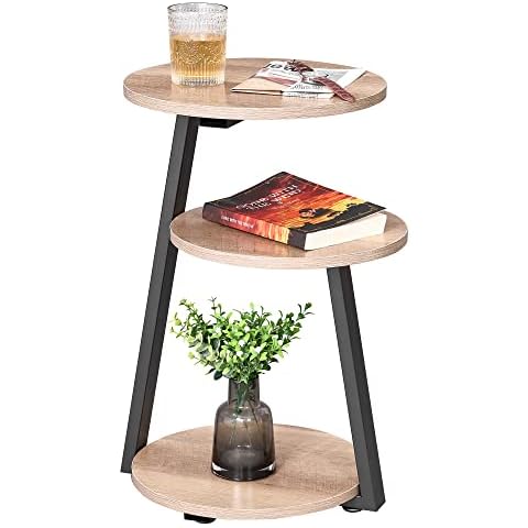 BEWISHOME Round End Table Side with Metal Frame, Accent Nightstand Bedside 3-Tier Shelves, Small for Living Room Bedroom Couch Coffee Greige KTZ41G Cover