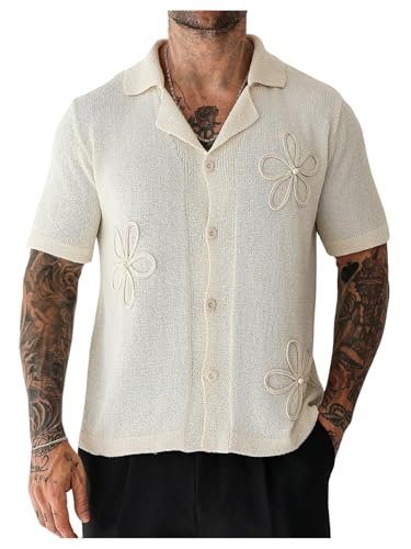 Men's Floral Sweaters Button Down Short Sleeve Collar Knitwear Casual Knit Tops