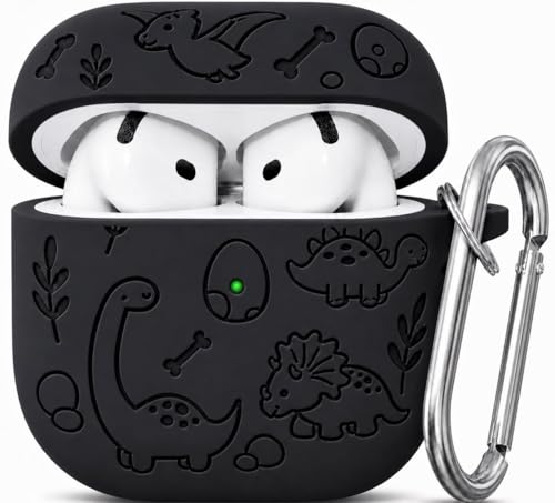 Image of Emoh Roced Case for Airpod 4 with Keychain,Silicone Dinosaur Engraved Cases Compatible with Apple AirPods 4th Generation 2024, Anti-Scratch, Protective Case Cover (Black, for AirPods 4)
