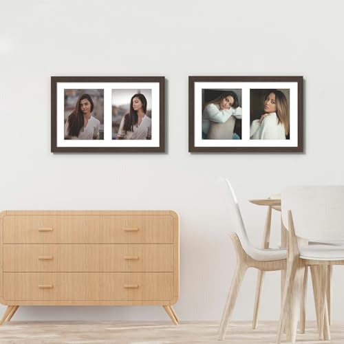 Image of DUENPY 12x19 Double Picture Frame 8x10 Displays Two 8x10 inch Photos Collage Available Horizontal Wall Mounting Display and Vertical Walnut
