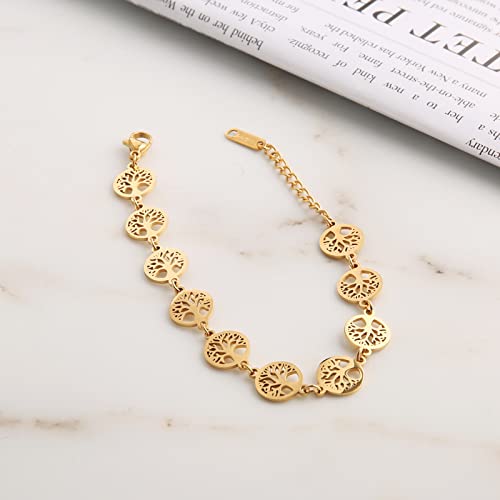 Hzman 6.3 Inch Stainless Steel Tree Of Life Bracelet Adjustable Link Chain With Lobster Claw Clasp For Girls Women Charm Gift (Gold) #TOP3