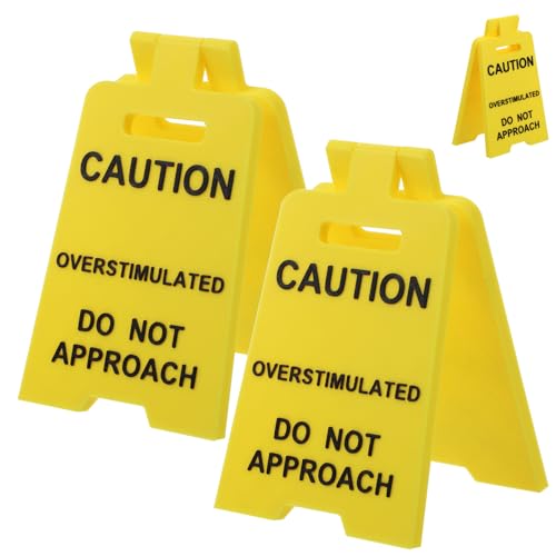 2Pcs Caution Overstimulated Desk Sign Double-Sided Funny Office Decor Do Not Approach Warning Signs for Coworkers Boss Home Workspace