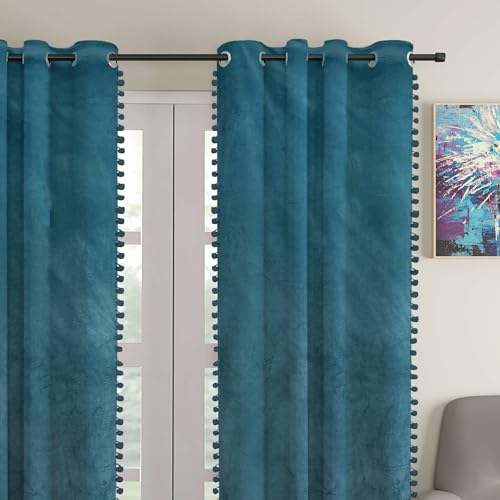 Image of STITCHNEST Premium Velvet Blackout Curtains with Pom Pom - Pack of 1 Door Curtains, Elegant Castleton Green Color - Room Darkening for Bedroom & Living Room (Size: 9ft)