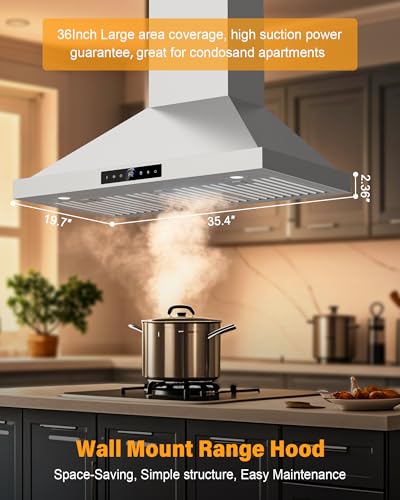 36 Inch Wall Mount Range Hood 1200CFM, 4 Speed Remote Control Kitchen Wall Mount Range Hood with Motion Sensor & Adjustable LED Lighting Ducted/Ductless Convertible Pro Series