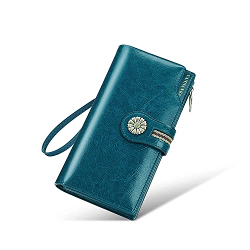 VANNANBA Large Capacity Clutch Wallet For Women RFID Blocking Waxed Genuine Leather Zipper Wallet Ladies Card holder (Peacock blue)2