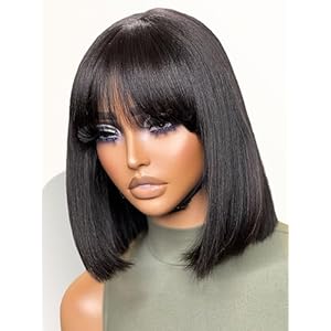LUVME HAIR 10 Inch Light Yaki Straight Bob Wig with Bangs Human Hair Realistic HD Lace Short Black Bob Wigs, Ready to Go Glueless Blunt Cut Bob Wig