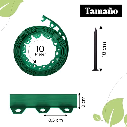 GARDENIX Borde Flexible de plástico para césped, Verde, 10 m, 20 Anclajes, 8 cm de Altura, Resistente a la Intemperie, Borde Redondo, para Jardines y Robots cortacéspedes - imagen 2