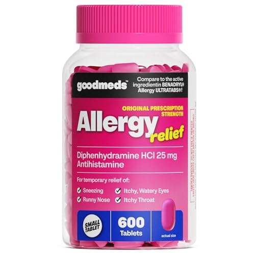 GoodMeds Allergy Medicine Antihistamine Diphenhydramine HCl 25 mg | Children and Adults | Relieve Itchy Eyes Runny Nose Sneezing (25 mg 600 Tablets)