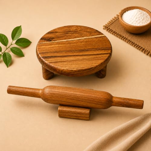Image of Teak Wood chakla belan Set | chapati Board, (10x10x1.5 Inches) | chakla belan Stand and 2 spatulas Free I (Chakla Block Set)