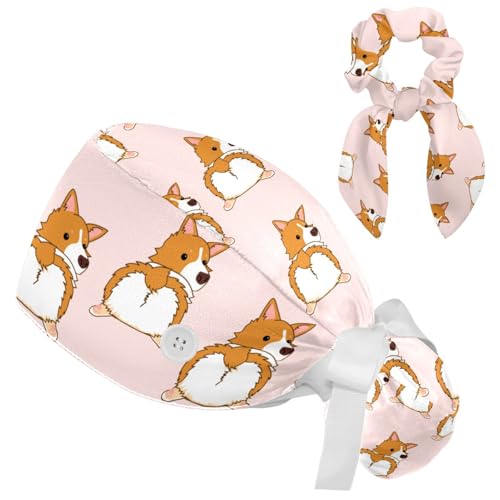Corgi Dog Breathable Working Cap with Button, Bow Hair Scrunchy, One Size Fits All for Woman