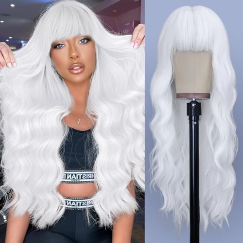 Image of NAYOO White Wigs with Bangs for Women,24 Inch Wavy Synthetic Wig | Natural Looking,Beginner Friendly,Heat Resistant Fiber,Ideal for Daily Wear,Parties & Halloween