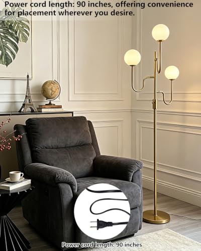 Image of Lightdot 68IN Globe Gold Floor Lamp Dimmable Floor Lamps with 3000K Soft Warm White for Wedding /Party, 3-Arm Mid Century Modern Standing Tall Lamp for Living Room /Bedroom /Sofa Beside /Corner Decor