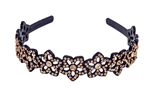 Yeshan Rhinestone and Crystal Beaded Flower Design Plastic Headband, Hairband for girls,Golden