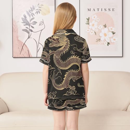ALAZA Happy Chinese Dragon Black Satin Pajamas Set Short Sleeve Button Down Sleepwear Summer Pjs 2 Piece4