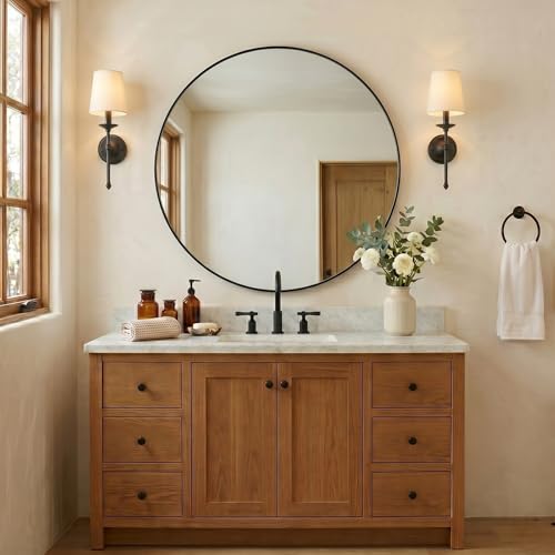 Image of ANDY STAR Round Black Mirror for Bathroom, 40 inch Large Bathroom Mirrors for Over Sink, Anti-Rust Modern Wall Mirror,1 Inch Deep Set Design, Heavy Duty, 4MM HD Glass, 9MM Thicker Backboard