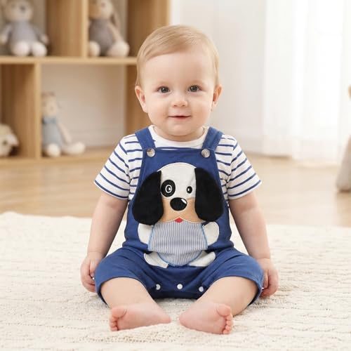Image of Baby Boy Clothes Striped Romper Cartoon Overall Set 0-18M | Soft Breathable Cotton Romper And Animal Cartoon Overall Shorts Set Offering All-Day Comfort, Daily Wear, Machine Washable