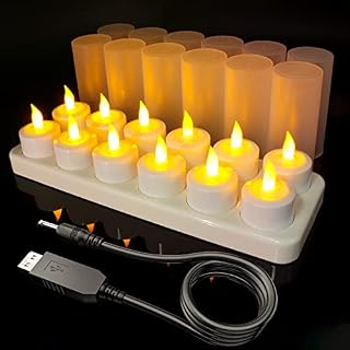 Rechargeable LED Candles, SoulBay 12pcs Flameless Rechargeable USB Tea Lights Candles Battery Operated with Frosted Cups & USB Cable & Charging Station for Home Room Christmas Decorations, Warm Yellow