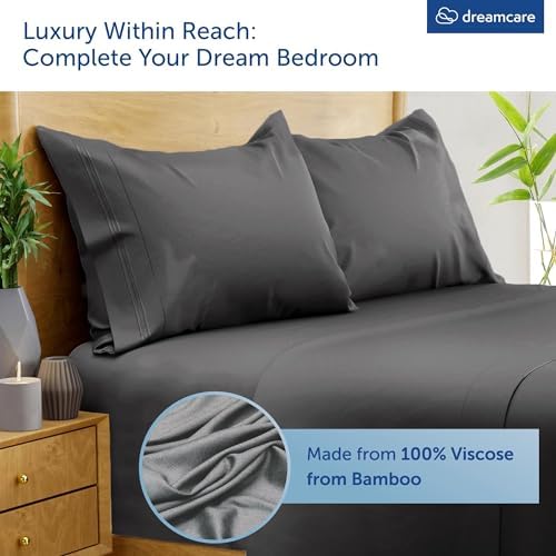 DREAMCARE 100% Viscose from Bamboo Sheets King Size - 4 Pc Luxury Cooling Sheets for Hot Sleepers, King Size Bed Sheets Set, Viscose from Bamboo Sheets Set (Gray) - Thumbnail 2