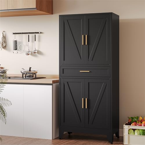Image of COFaR 71 inch Metal Pantry Cabinet with Drawer, Black Storage Cabinet with Adjustable Shelves, 3-Section Industrial Cupboard for Kitchen & Office