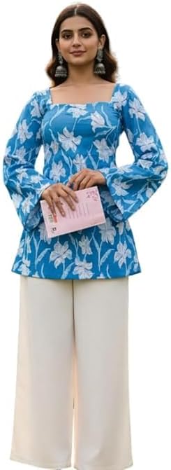 Women Pure Cotton Floral Printed Short Kurti | Square Neck | Full Sleeves | Stylish Ethnic Kurta | Back Tie-Up | Casual Wear Kurta
