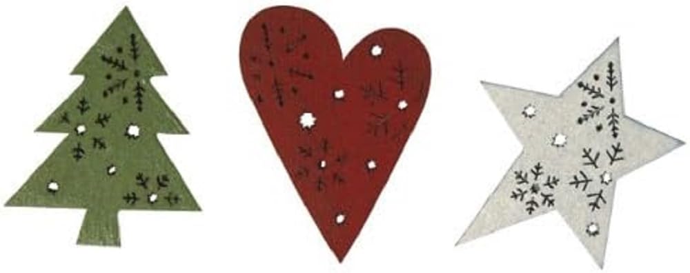 RAYHER Wooden Objects, Heart, Star, Christmas Tree, 4 cm, PVC-Box 6 Stüc
